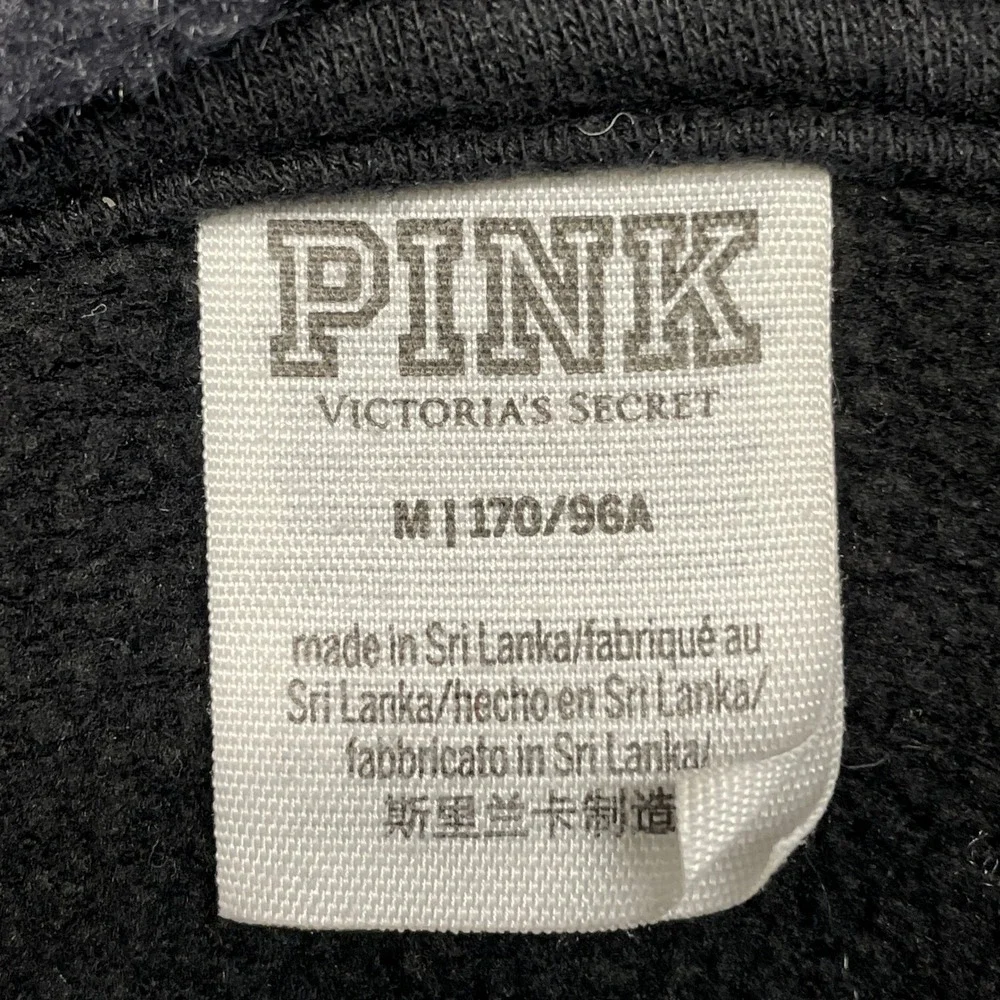 PINK Victoria's Secret Zip Hoodie Women Medium Black Sherpa Hood white Stripe - Picture 5 of 11